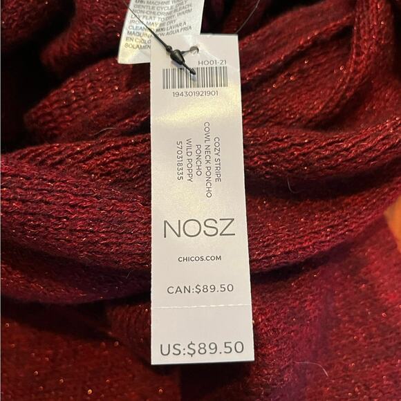 NWT Chicos Red Poncho Sweater One Size Fringe Metallic Shimmer Holiday Burgundy - Picture 4 of 5